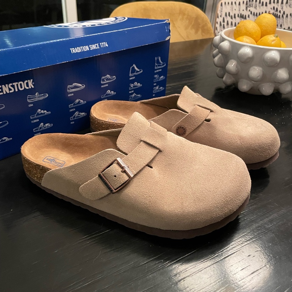 Taupe Birkenstock Bostons
